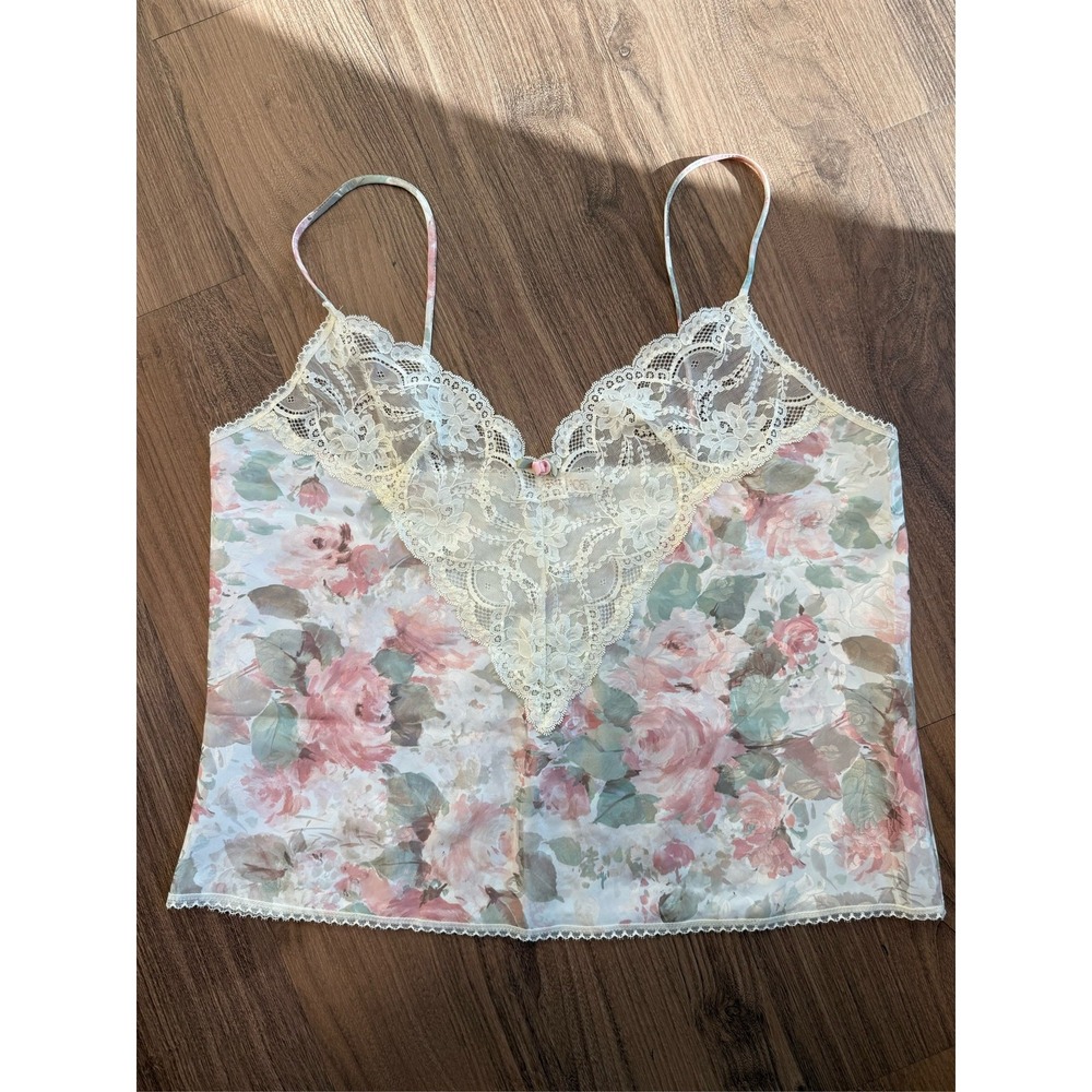 Vintage Escapades Floral Lace Satin Camisole Top Pink Green Large Made in USA